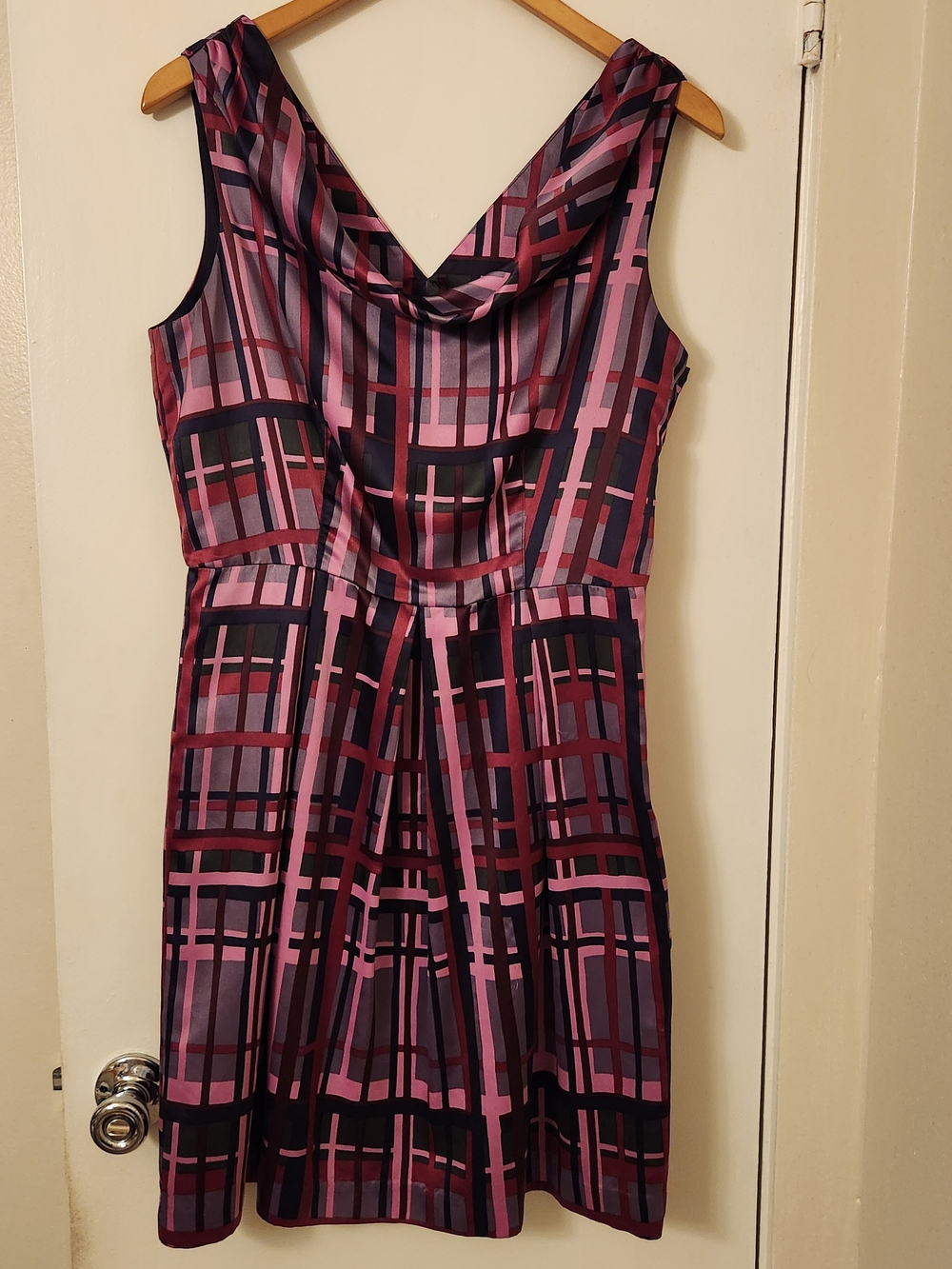 Banana Republic Pink and Burgundy Plaid Cowl-Neck Midi Dress